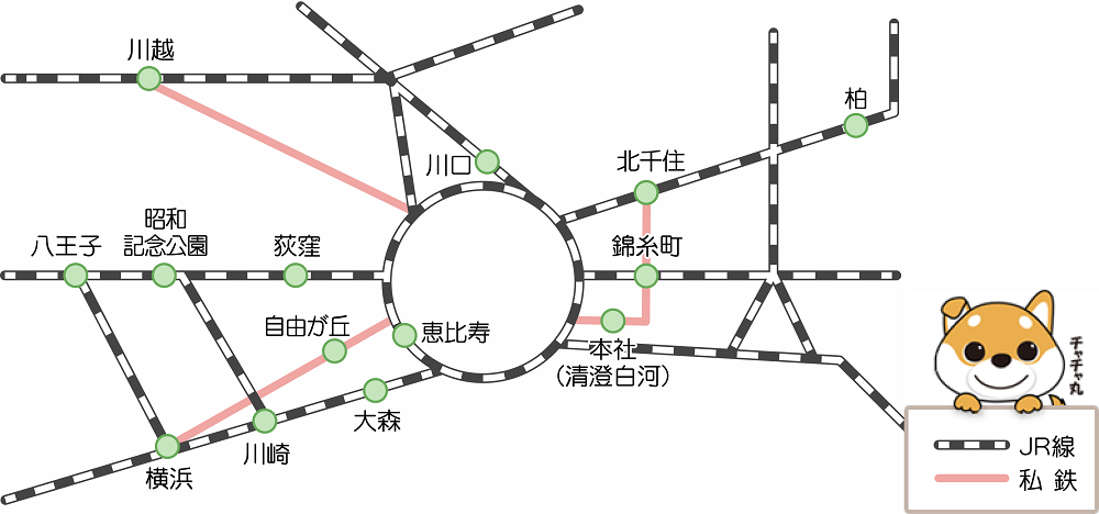 本部、各センターの位置と路線図